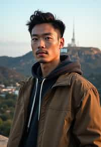 man as digital nomad in Los Angeles with the Hollywood sign in the background