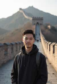 man as digital nomad in Beijing with the Great Wall in the background