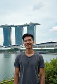 man as digital nomad in Singapore with Marina Bay Sands in background