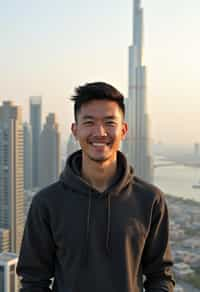 man as digital nomad in Dubai with skyline in background