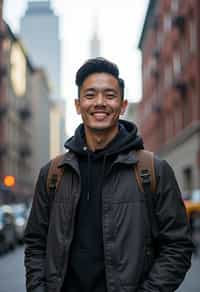 man as digital nomad in New York City with Manhattan in background