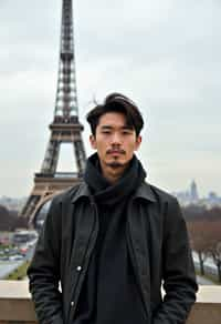 man as digital nomad in Paris with the Eiffel Tower in background