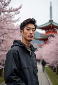 man as digital nomad in Japan with Japanese Cherry Blossom Trees and Japanese temples in background