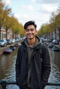 man as digital nomad in Amsterdam with the Amsterdam Canals in background