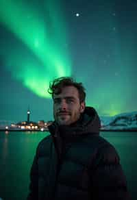 man as digital nomad in Reykjavik with the Northern Lights in the background