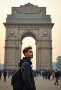 man as digital nomad in Delhi with the India Gate in the background