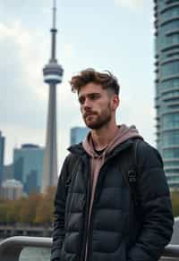 man as digital nomad in Toronto with the CN Tower in the background