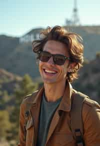 man as digital nomad in Los Angeles with the Hollywood sign in the background