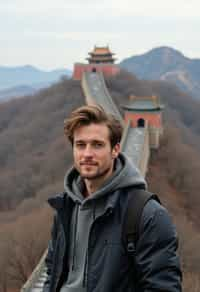 man as digital nomad in Beijing with the Great Wall in the background