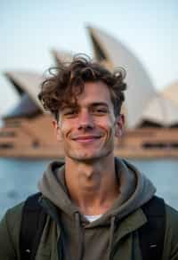 man as digital nomad in Sydney with the Sydney Opera House in the background