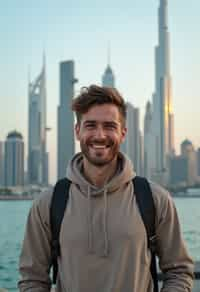 man as digital nomad in Dubai with skyline in background