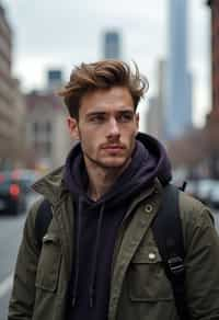 man as digital nomad in New York City with Manhattan in background