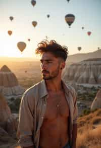 Breathtakingly man as digital nomad with hot air balloons in the background in cappadocia, Türkiye. Cappadocia, Turkey