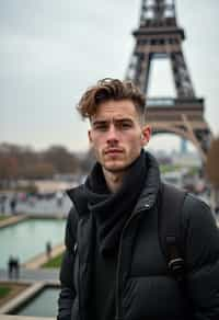 man as digital nomad in Paris with the Eiffel Tower in background