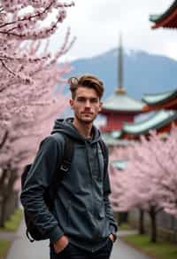 man as digital nomad in Japan with Japanese Cherry Blossom Trees and Japanese temples in background