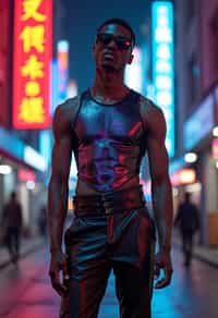 man wearing sleek leather pants with neon highlights and holographic top in a Bladerunner-inspired cityscape