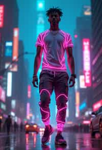 man wearing sporty neon  t-shirt and holographic joggers in a dystopian digital cityscape