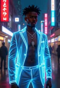 man wearing  holographic nightclub outfit in a cybernetic cityscape