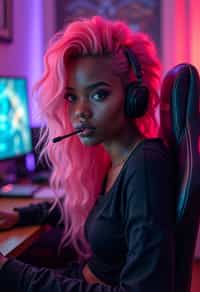 amazingly detailed man, masterpiece, ultra hd, full shot, dynamic angle, beautiful girl, computer gamer, gaming computer, gaming chair, playing cyberpunk 2077, neon bedroom, streamer setup, , cyberpunk theme, wild long hair, Wavy Cut with Curtain Bangs, bubblegum pink hair, high detail hair, smokey eye shadow, high detail skin, high detail eyes, seductive eyes, smokey makeup