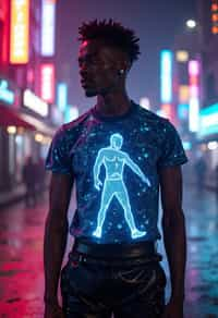 man wearing  holographic t-shirt and cybernetic trousers in a neon-lit Bladerunner-inspired cityscape