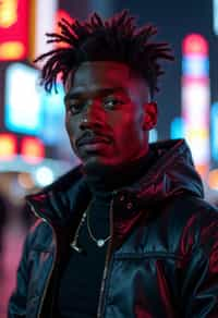 cosplayer man in a cyberpunk outfit, posing against the backdrop of bright city lights