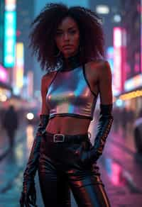 woman wearing sleek leather pants with neon highlights and holographic top in a Bladerunner-inspired cityscape