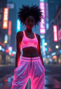 woman wearing sporty neon crop top  and holographic joggers in a dystopian digital cityscape