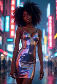 woman wearing holographic bodycon dress  in a cybernetic cityscape