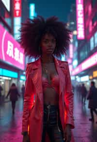 cyberpunk woman with futuristic cyberpunk neon clothes standing in cyberpunk city with neon lights city on Mars in future, neon billboards, skyscrapers