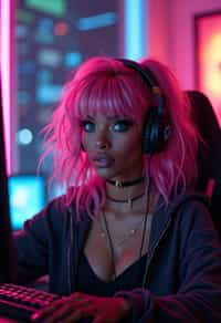 amazingly detailed woman, masterpiece, ultra hd, full shot, dynamic angle, beautiful girl, computer gamer, gaming computer, gaming chair, playing cyberpunk 2077, neon bedroom, streamer setup, , cyberpunk theme, wild long hair, Wavy Cut with Curtain Bangs, bubblegum pink hair, high detail hair, smokey eye shadow, high detail skin, high detail eyes, seductive eyes, smokey makeup