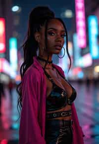 cosplayer woman in a cyberpunk outfit, posing against the backdrop of bright city lights