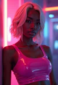 woman with platinum blonde hair, in neon bar, cyberpunk, pink latex crop top, professional award winning photography, beautiful detailed eyes, highly detailed glossy eyes, high detailed skin, skin pores