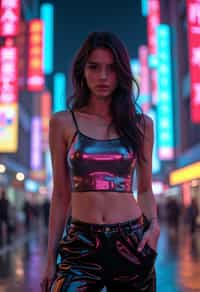 woman wearing sleek leather pants with neon highlights and holographic top in a Bladerunner-inspired cityscape