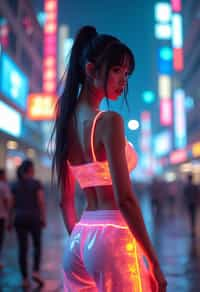 woman wearing sporty neon crop top  and holographic joggers in a dystopian digital cityscape