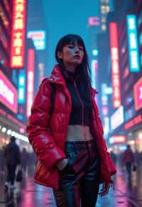 cyberpunk woman with futuristic cyberpunk neon clothes standing in cyberpunk city with neon lights city on Mars in future, neon billboards, skyscrapers