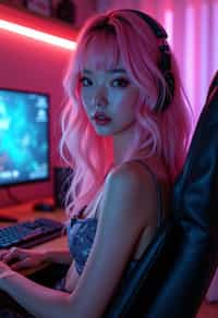 amazingly detailed woman, masterpiece, ultra hd, full shot, dynamic angle, beautiful girl, computer gamer, gaming computer, gaming chair, playing cyberpunk 2077, neon bedroom, streamer setup, , cyberpunk theme, wild long hair, Wavy Cut with Curtain Bangs, bubblegum pink hair, high detail hair, smokey eye shadow, high detail skin, high detail eyes, seductive eyes, smokey makeup