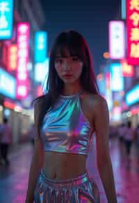 woman wearing holographic crop top and digital shorts  in a neon-lit Bladerunner-inspired cityscape