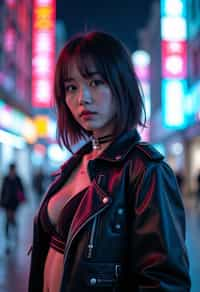 cosplayer woman in a cyberpunk outfit, posing against the backdrop of bright city lights