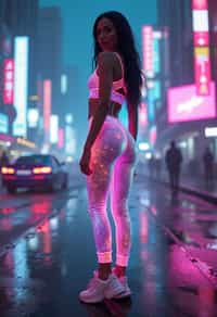 woman wearing sporty neon crop top  and holographic joggers in a dystopian digital cityscape