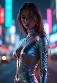 woman wearing holographic bodycon dress  in a cybernetic cityscape