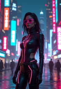 cyberpunk woman with futuristic cyberpunk neon clothes standing in cyberpunk city with neon lights city on Mars in future, neon billboards, skyscrapers