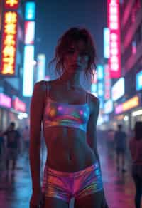 woman wearing holographic crop top and digital shorts  in a neon-lit Bladerunner-inspired cityscape