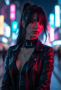 cosplayer woman in a cyberpunk outfit, posing against the backdrop of bright city lights