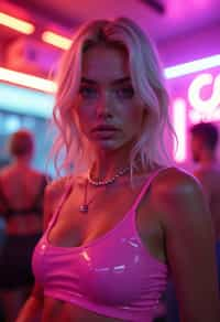 woman with platinum blonde hair, in neon bar, cyberpunk, pink latex crop top, professional award winning photography, beautiful detailed eyes, highly detailed glossy eyes, high detailed skin, skin pores