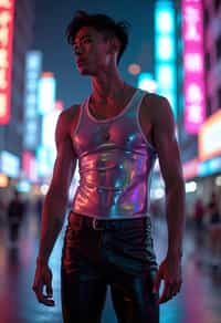 man wearing sleek leather pants with neon highlights and holographic top in a Bladerunner-inspired cityscape