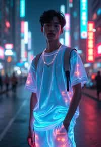 man wearing sporty neon  t-shirt and holographic joggers in a dystopian digital cityscape