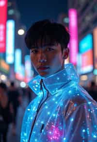 man wearing  holographic nightclub outfit in a cybernetic cityscape