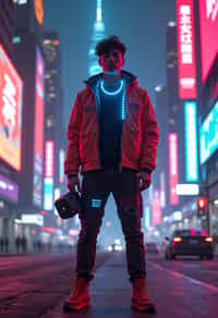 cyberpunk man with futuristic cyberpunk neon clothes standing in cyberpunk city with neon lights city on Mars in future, neon billboards, skyscrapers