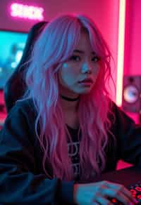 amazingly detailed man, masterpiece, ultra hd, full shot, dynamic angle, beautiful girl, computer gamer, gaming computer, gaming chair, playing cyberpunk 2077, neon bedroom, streamer setup, , cyberpunk theme, wild long hair, Wavy Cut with Curtain Bangs, bubblegum pink hair, high detail hair, smokey eye shadow, high detail skin, high detail eyes, seductive eyes, smokey makeup