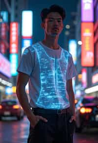 man wearing  holographic t-shirt and cybernetic trousers in a neon-lit Bladerunner-inspired cityscape